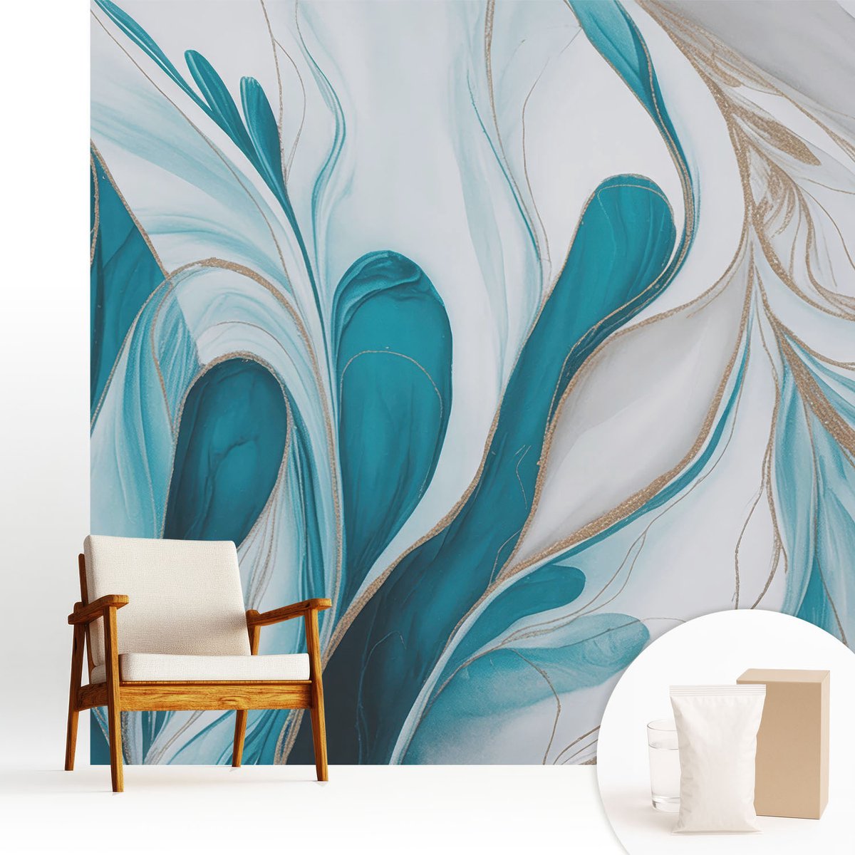Wallfluent Fotobehang - Turkoois Vliesbehang - 250x250 cm - Vloeistofpatronen Muurschildering - Slaapkamer behang Abstractie - Fotobehang Vlies - Slaapkamer behang