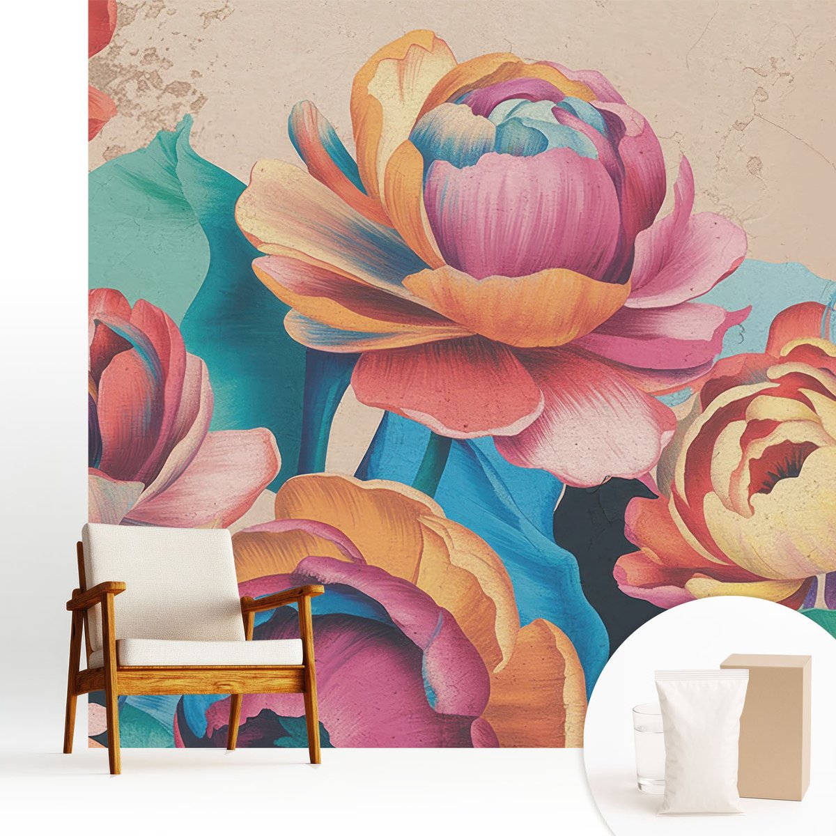 Wallfluent Fotobehang - Zwart Vliesbehang - 250x250 cm - Bloemenharmonie Fotobehang Vlies - Woonkamer behang Bloemen En Planten - Muurschildering - Woonkamer behang