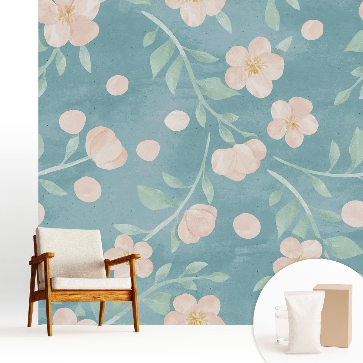 Wallfluent Fotobehang - Blauw Vliesbehang - 250x250 cm - Bloemige Elegantie Fotobehang Vlies - Woonkamer behang Bloemen En Planten - Muurschildering - Woonkamer behang