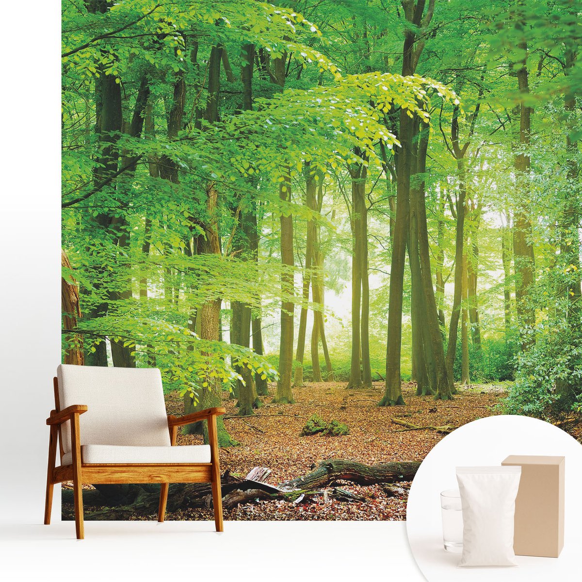 Wallfluent Fotobehang - Groente Vliesbehang - 250x250 cm - Groen Bos Fotobehang Vlies - Hal behang Landschappen - Muurschildering - Woonkamer behang