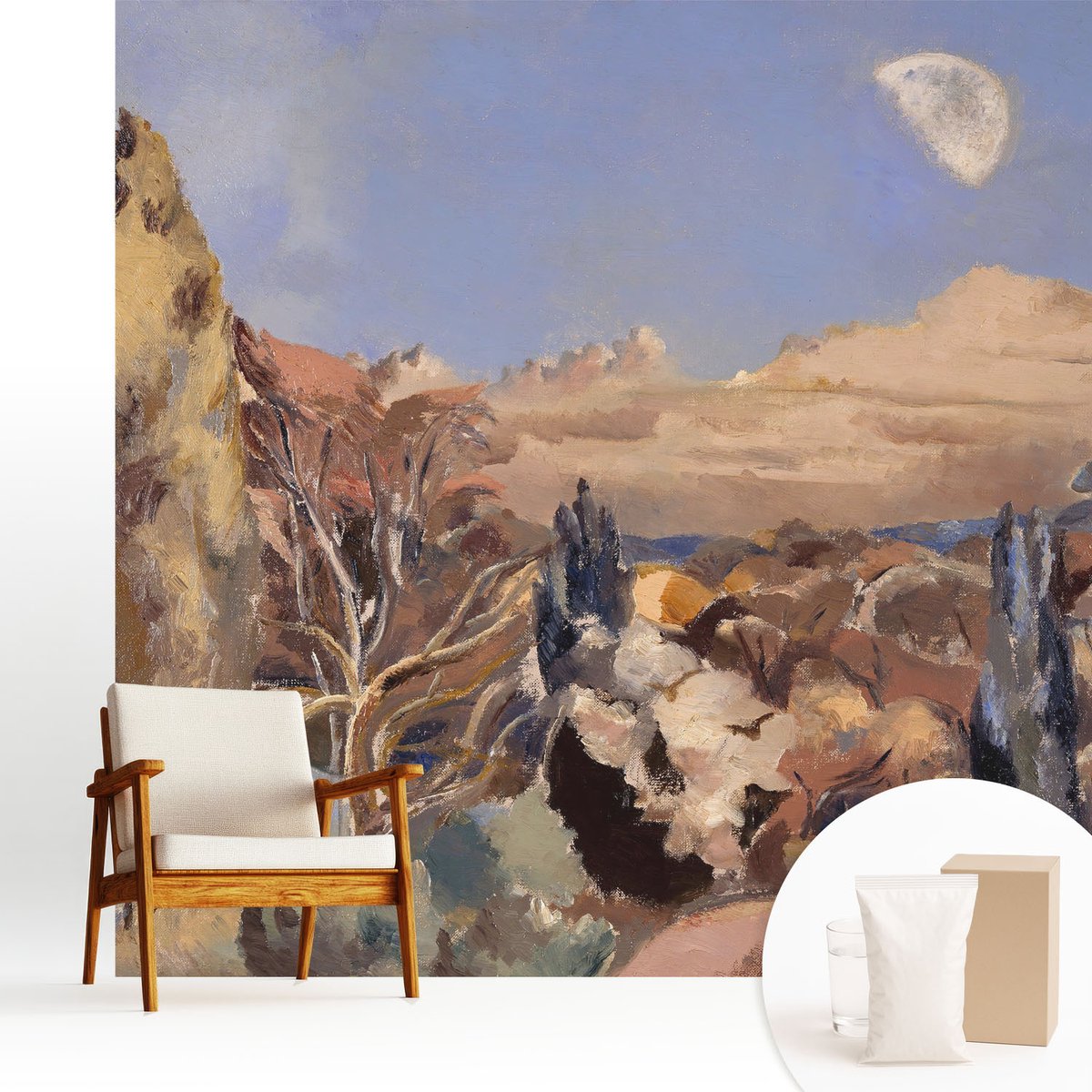 Wallfluent Fotobehang - Blauw Vliesbehang - 250x250 cm - Boslandschap Fotobehang Vlies - Woonkamer behang Landschappen - Muurschildering - Hal behang