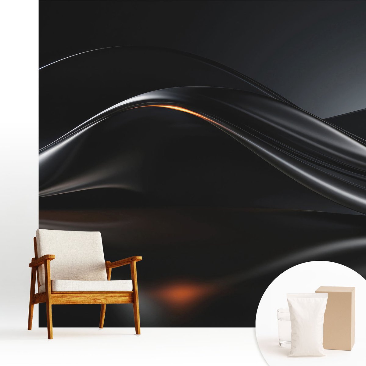 Wallfluent Fotobehang - Zwart Vliesbehang - 250x250 cm - Metaalachtige Golven Muurschildering - Slaapkamer behang Abstractie - Fotobehang Vlies - Slaapkamer behang