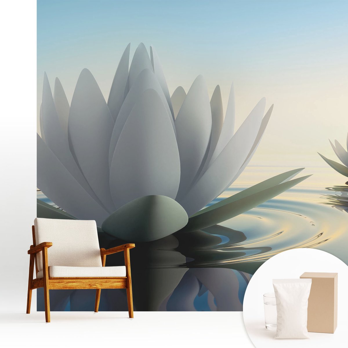 Wallfluent Fotobehang - Wit Vliesbehang - 250x250 cm - Waterlelies Fotobehang Vlies - Hal behang Bloemen En Planten - Muurschildering - Hal behang