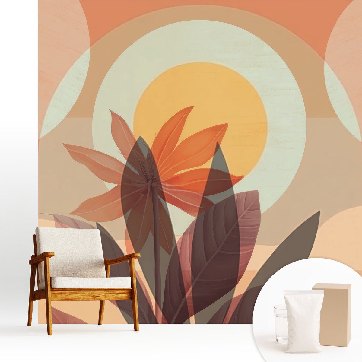 Wallfluent Fotobehang - Oranje Vliesbehang - 250x250 cm - Bloemabstractie Muurschildering - Slaapkamer behang Deel - Fotobehang Vlies - Gang behang