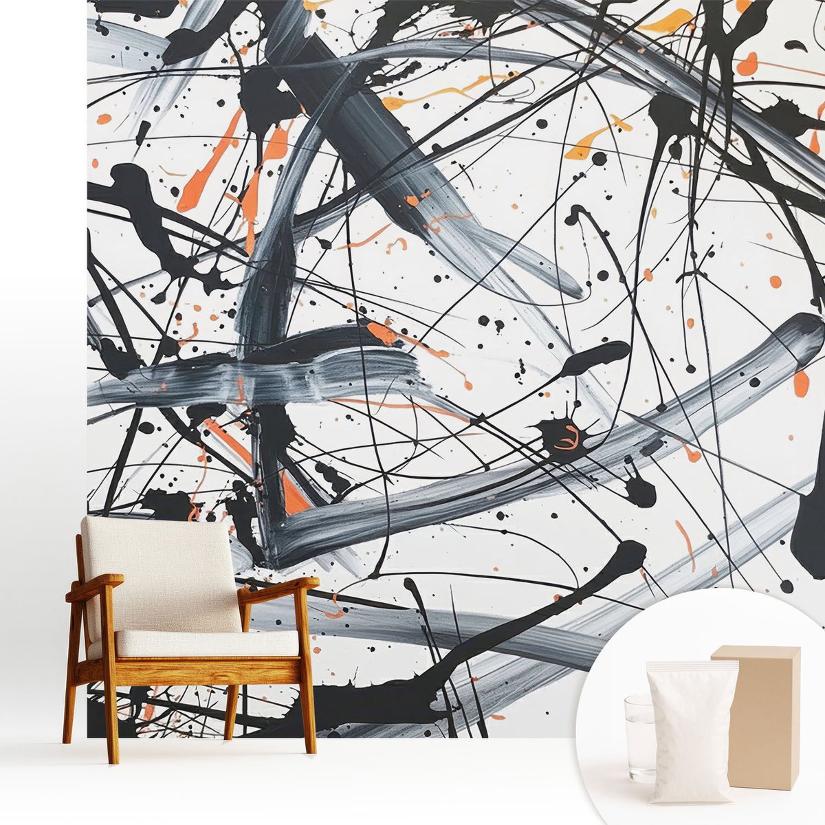 Wallfluent Fotobehang - Zwart-Wit Vliesbehang - 250x250 cm - Energiechaos Fotobehang Vlies - Hal behang Abstractie - Muurschildering - Woonkamer behang
