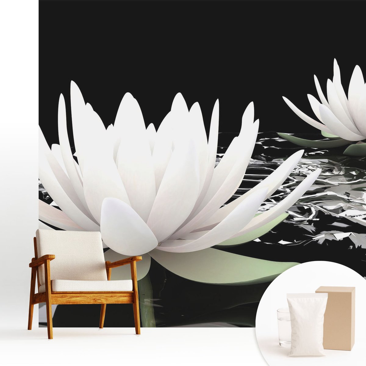 Wallfluent Fotobehang - Wit Vliesbehang - 250x250 cm - Waterbloemen Fotobehang Vlies - Woonkamer behang Bloemen En Planten - Muurschildering - Woonkamer behang