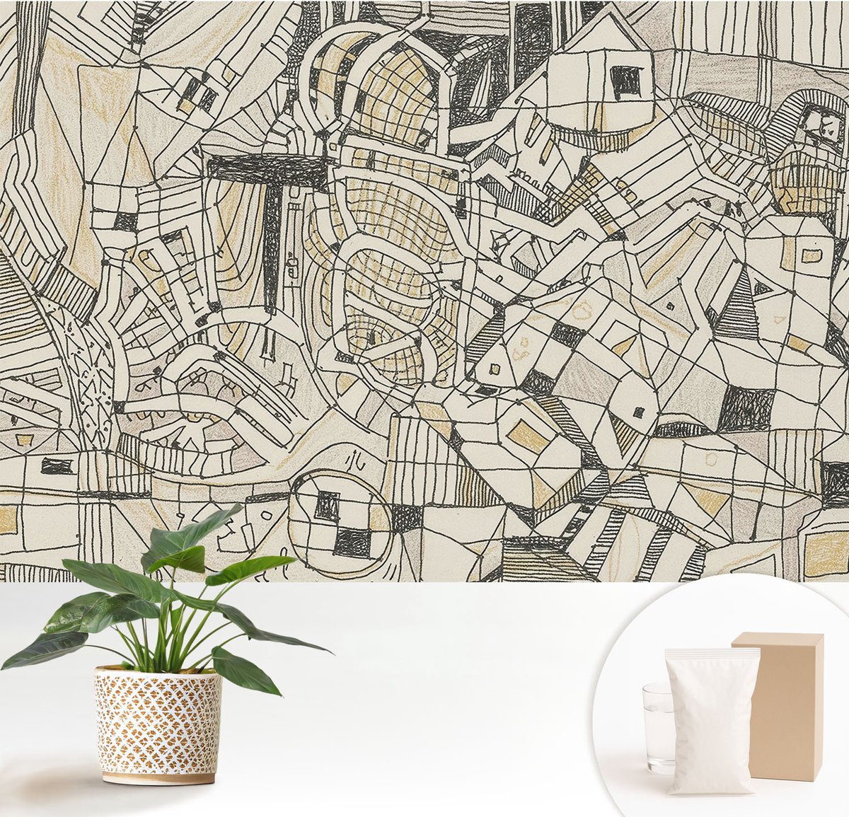 Wallfluent Fotobehang - Zwart Vliesbehang - 152x104 cm - Geometrische Abstractie Fotobehang Vlies - Hal behang Abstractie - Muurschildering - Hal behang