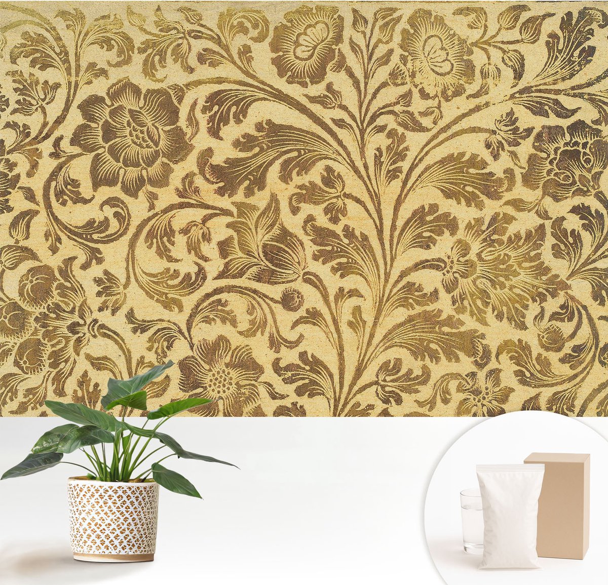 Wallfluent Fotobehang - Geel Vliesbehang - 152x104 cm - Bloemenpatroon Fotobehang Vlies - Woonkamer behang Achtergronden En Patronen - Muurschildering - Woonkamer behang