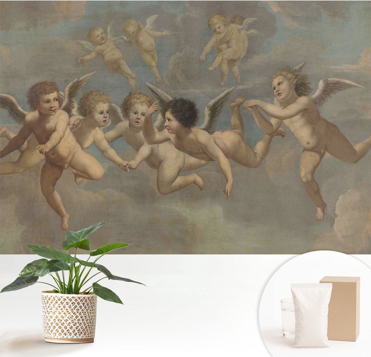 Wallfluent Fotobehang - Bruin Vliesbehang - 152x104 cm - Engelachtige Figuren Fotobehang Vlies - Hal behang Deel - Muurschildering - Woonkamer behang