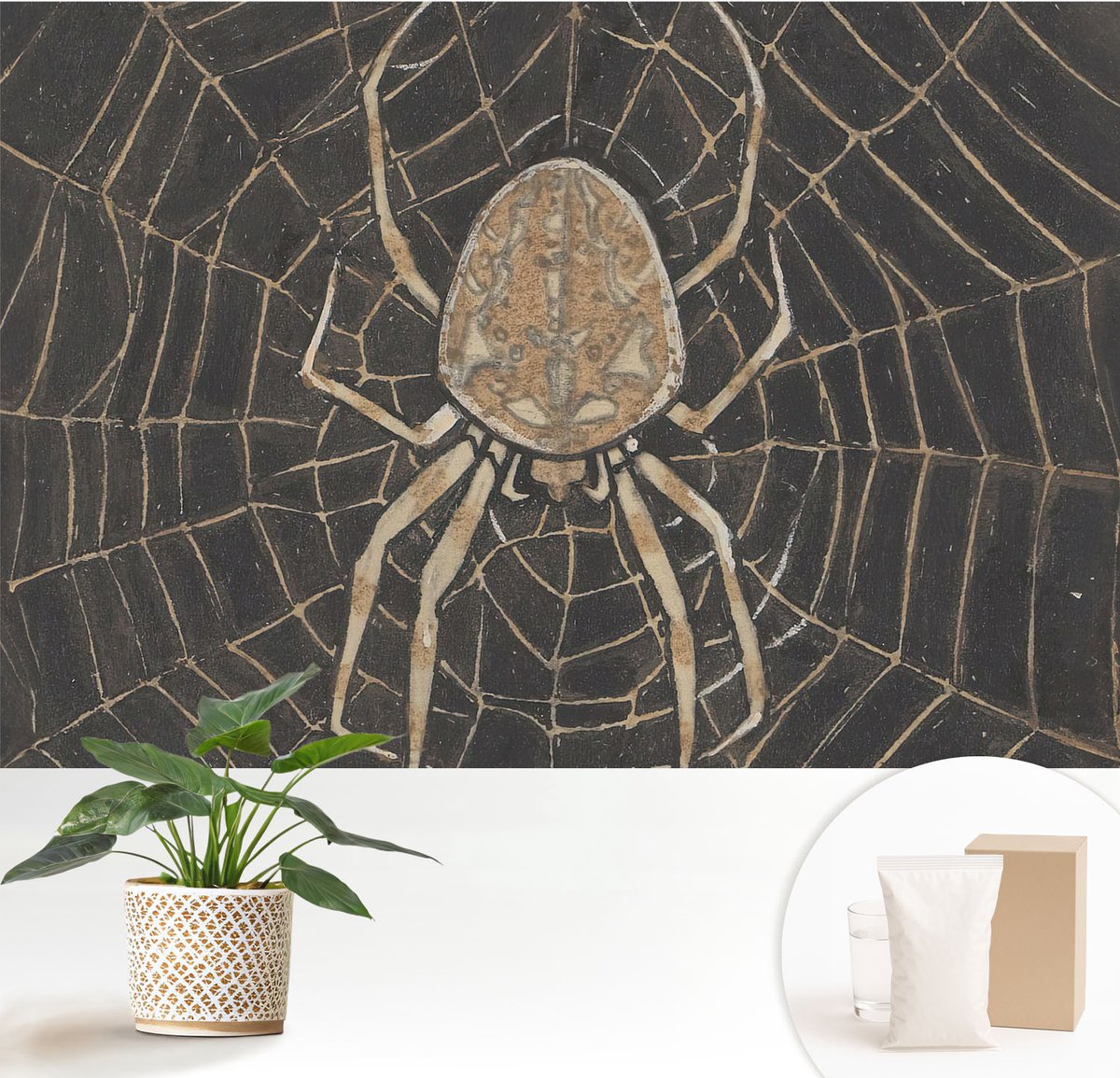 Wallfluent Fotobehang - Zwart Vliesbehang - 152x104 cm - Spinnenweb Fotobehang Vlies - Hal behang Dieren - Muurschildering - Woonkamer behang
