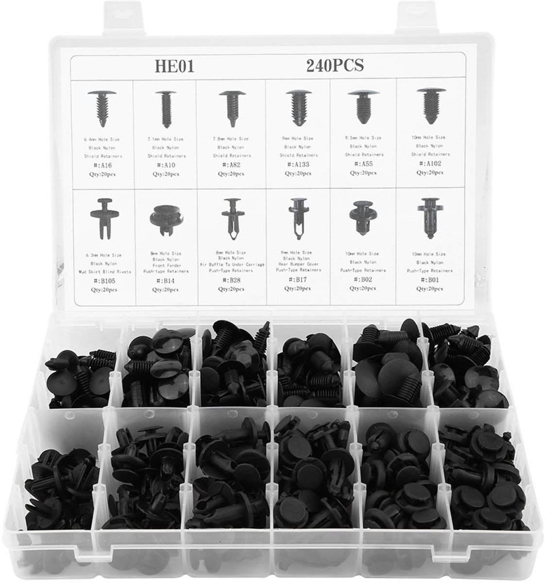 SnelShoppen - 240 Stuks HE01 Push Type Clips - Autocarrosserie Bumperclips, Klem Bevestiging, Plastic Assortiment, 12 Maten, Trim Rivets voor Auto Ond