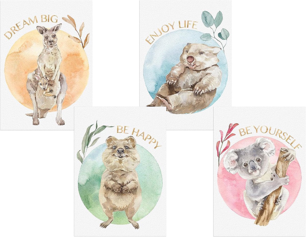 Posterset schattige dieren Australië - 4 posters - kinderkamer decoratie - sfeervolle wandversiering - ShopVlot