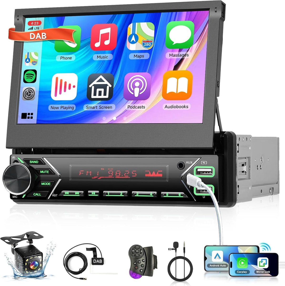 Autoraudio 1 Din - 7 Inch Touchscreen - Draaibaar Scherm - Eenvoudige Smartphone-integratie - ShopVlot