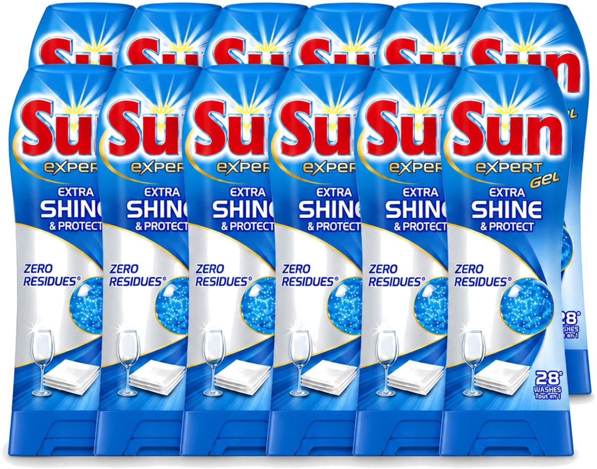 12 x Sun Expert Gel - Extra Shine & Protect - All-in-1 - Vaatwasmiddel Gel - 28 Wasbeurten - Voordeelverpakking - 12 stuks