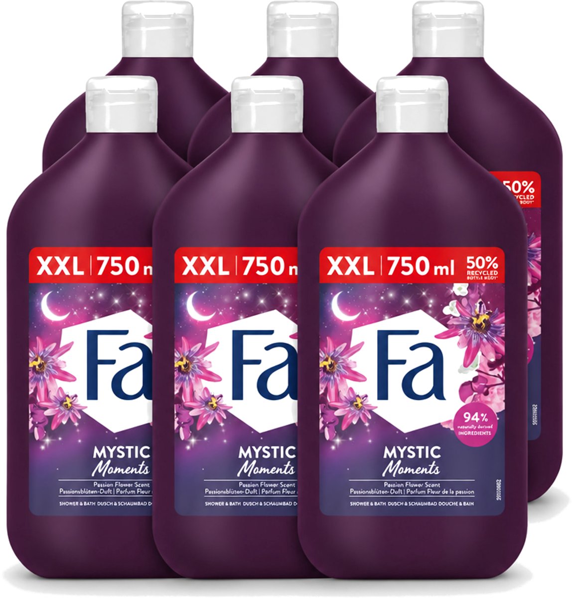 6 x Fa - Mystic Moments - Bad- & Douchegel - Passiebloem - 750 ml - Voordeelverpakking - 6 stuks