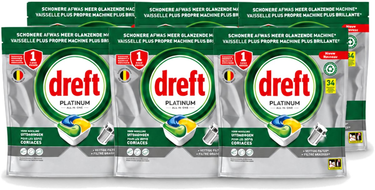 6 x Dreft Platinum - All In One - Vaatwascapsules - Citroen - 34 Afwasbeurten - Voordeelverpakking - 6 stuks