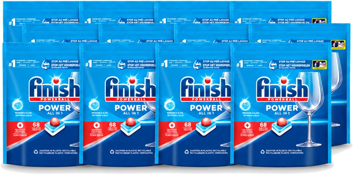 12 x Finish Powerball - Power All in 1 - Vaatwastabletten - Reiniging & Glans - 68 Tabletten - Voordeelverpakking - 12 stuks