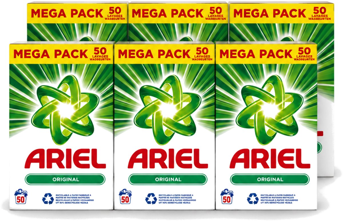 6 x Ariel Original - Waspoeder - Witte en Lichtgekleurde Was - 50 Wasbeurten - Voordeelverpakking - 6 stuks