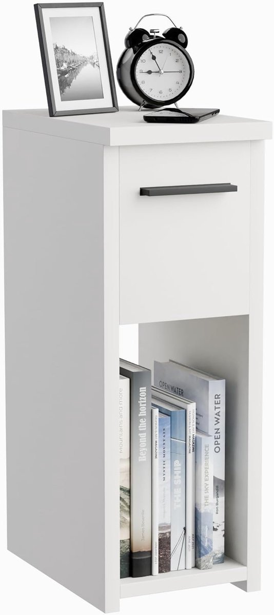 SnelShoppen - Smalle Bedside Table met Lades en Handgreep, Wit - Nachtkastje met Opbergruimte voor Telefoon, Oplader en Bril - Ergonomisch Ontwerp, Pe