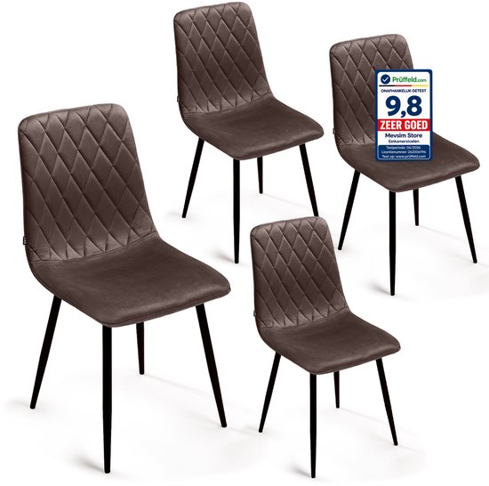 Bruine eetkamerstoelen van Lina met ruitpatroon, set van 4, met zwarte poten. Een stoel met "Prüffeld.com 9,8 Zeer Goed" keurmerk.
