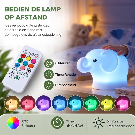 Caryota Nachtlampje Olifant - Nachtlampje Kinderen en Baby - RGB LED Kinderlamp - Dimbaar met Afstandsbediening - Oplaadbaar via USB-C - Siliconen van Merkloos — afbeelding 5