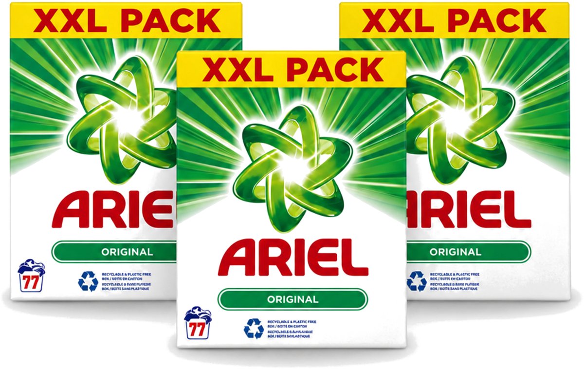 3 x Ariel Original XXL - Waspoeder - Witte en Lichtgekleurde Was - 77 Wasbeurten - Voordeelverpakking - 3 stuks