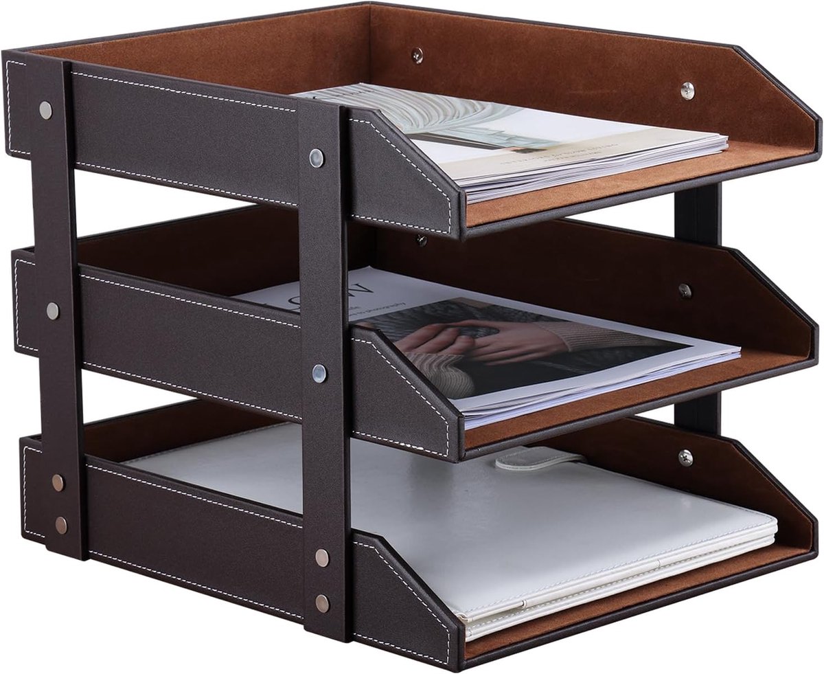 SnelShoppen - A4 Letter Tray met 3 Lades - Bruin - Houten Structuur - Faux Leer - Voor Documenten, Magazines en Notities - Organiser voor Thuis en Kan