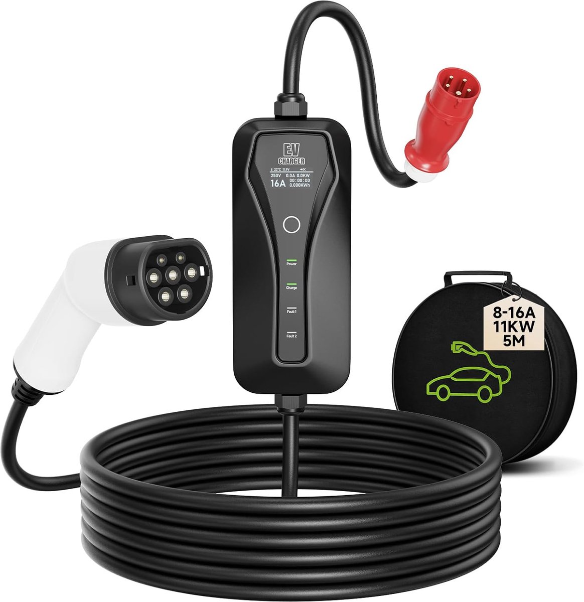 SnelShoppen - 11kW Draagbare EV Lader, Type 2 Oplaadkabel met CEE Stekker, 5M, 8A/10A/13A/16A Instelbaar, Ideaal voor Thuis en Onderweg