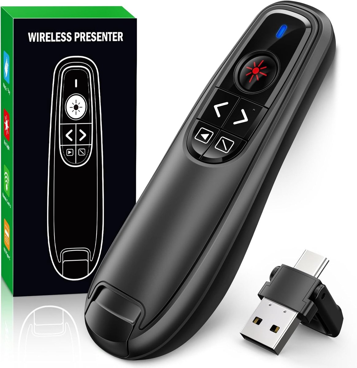 SnelShoppen - Draadloze Presenter USB C met Pointer, 2.4GHz Presentatie afstandsbediening, PowerPoint Remote Controle voor Mac, Windows, PC, Linux met