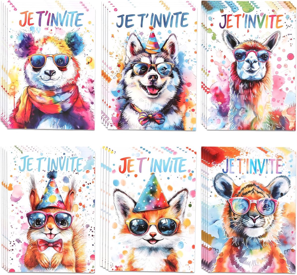 24 Verjaardagsuitnodigingskaarten - 6 dierenontwerpen voor meisjes en jongens - Kinderverjaardagsuitnodigingskaart 15x10,8 cm - Verjaardagsuitnodigingskaart