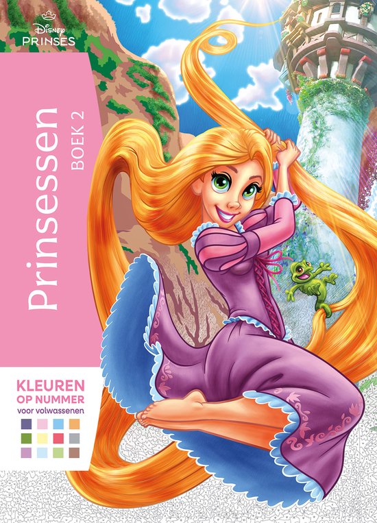 Prinsessen boek 2 met Rapunzel en Pascal. Rapunzel heeft lang blond haar en draagt een roze jurk. Kleuren op nummer voor volwassenen.