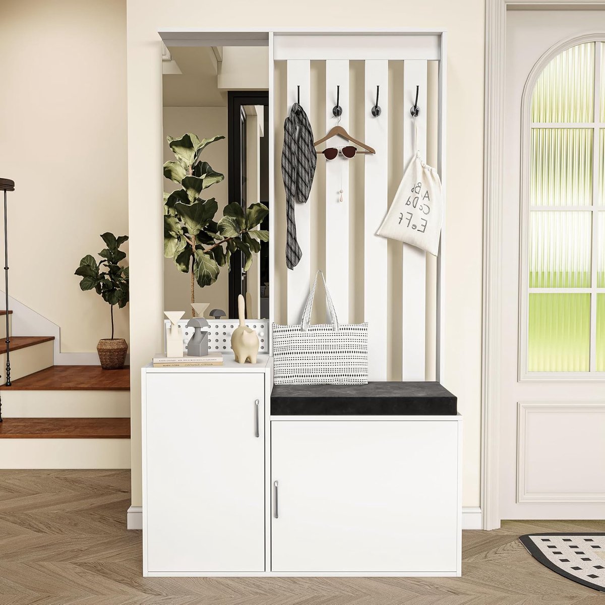 Wandgarderobe, garderobekast, hal, set met schoenenbank, 4 kledinghaken, spiegel, schoenenkast, halgarderobe zitbank, entreekast, kapstok (wit, 100 x 40 x 180 cm)