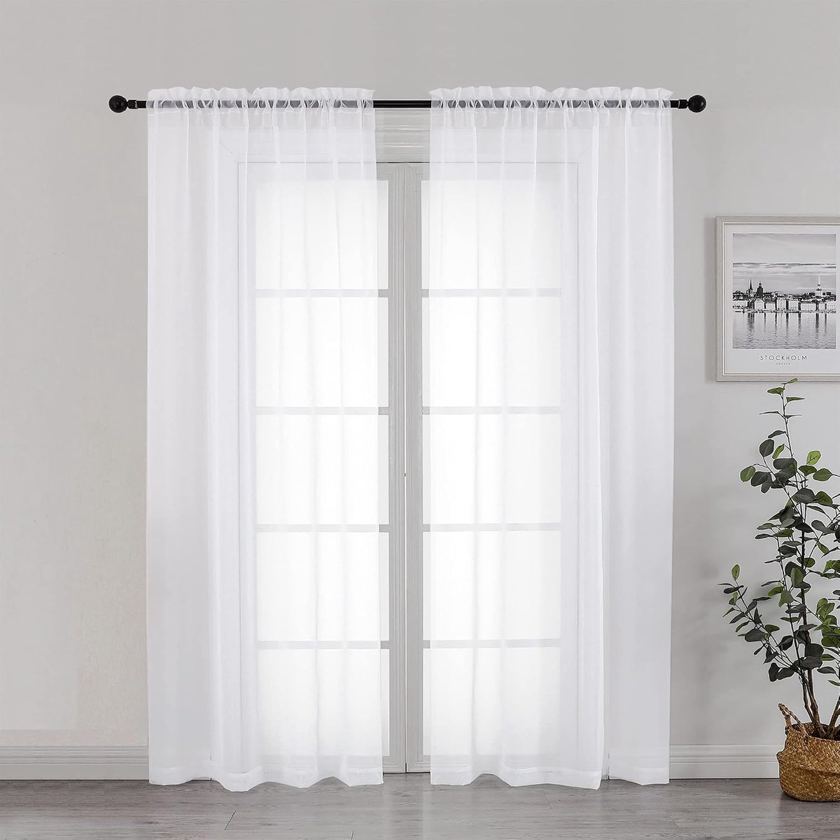 Witte doorschijnende gordijnen 183 cm lengte 2 panelen, lichtfiltertop dubbele roede zak voile raamgordijn gordijnen voor Franse deur, slaapkamer woonkamer en kinderkamer, elk 42W x 72L