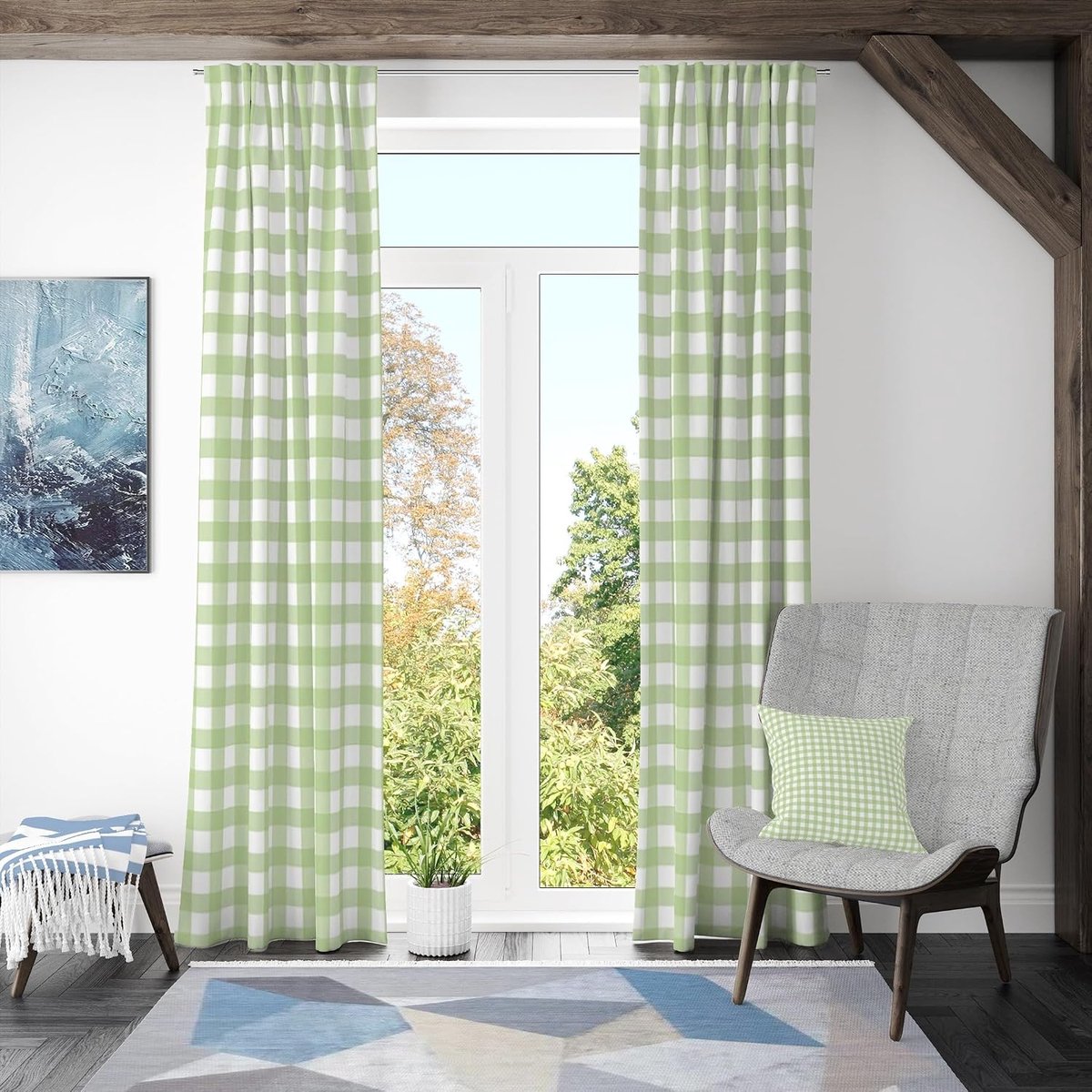 Gordijnen voor slaapkamer, aquarel groen geometrisch gordijn met tas voor stang, woonkamer, boerderij, buiten, deur, privacy, 117 x 138 cm, 2 stuks