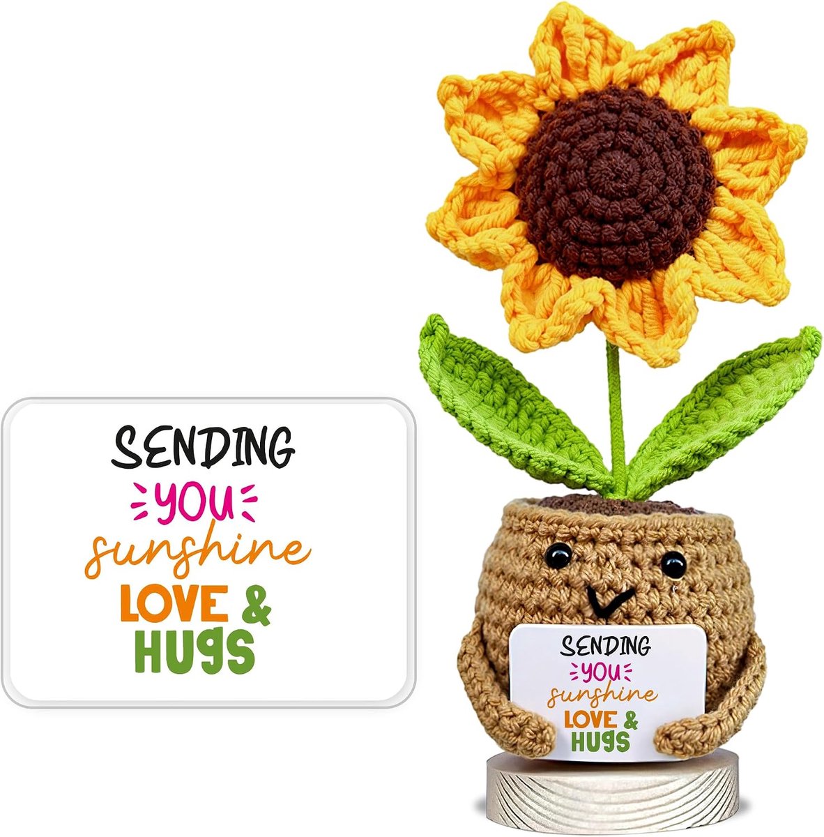 Positieve gehaakte zonnebloem pop met kaart - sympathiegeschenken voor vrouwen - rouwgeschenk voor verlies van geliefde - rouwgeschenken - condoleances aanwezig voor vrienden