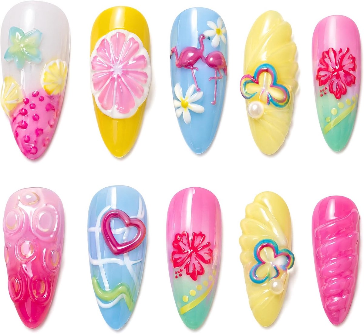 30 plaknagels, nepnagels met een natuurlijk Frans design, herbruikbare kunstnagels voor dagelijks gebruik, bruiloften, feesten, kantoor, vrouwen en meisjes (Zomer)
