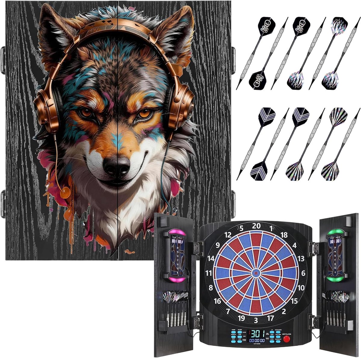 Elektronisch dartbord met rustieke houten deurkast [12 bronzen soft-tip pijlen], 8 kleuren led-puntenweergave voor 8 spelers, professionele dartschijf voor thuis en bar [Wolfhead]