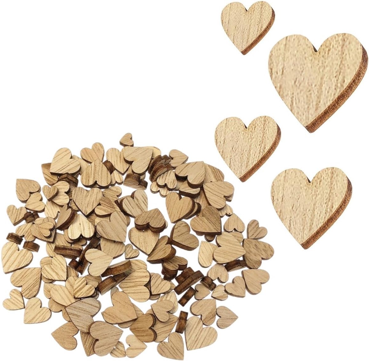 Houten hartvormige blanco schijfjes voor knutselprojecten, bruilofts- en feestdecoratie, diverse maten.