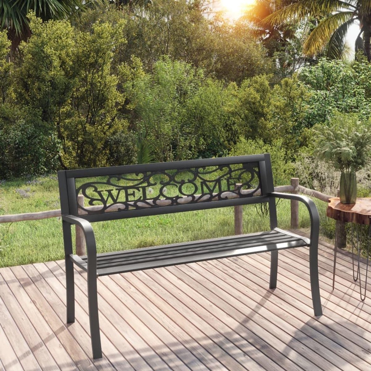 125 cm staal zwart poedercoating tuinbank weerbestendig met kunststof rugleuning voor tuin balkon terras patio tuinstoel bankje