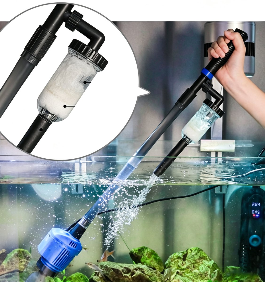 Elektrisch waterververser zandreiniger 4-in-1 automatisch aquariumreinigingsset zandwassen waterpomp afvalverwijdering filtratie verstelbare lengte 16W blauw totale lengte 53–105 cm