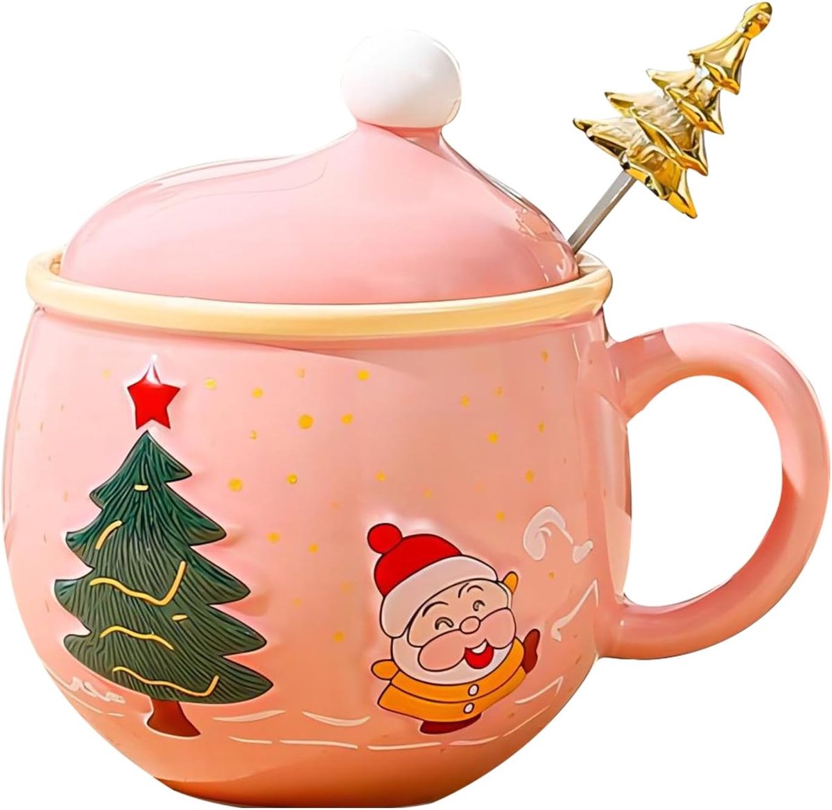 Kerst koffiemok met kerstboomlepel, kerstbekers keramische koffiemokken 350 ml, festival schattige kerstmokken keramische theekopjes cadeau voor ouders, lieverd en vrienden (roze)