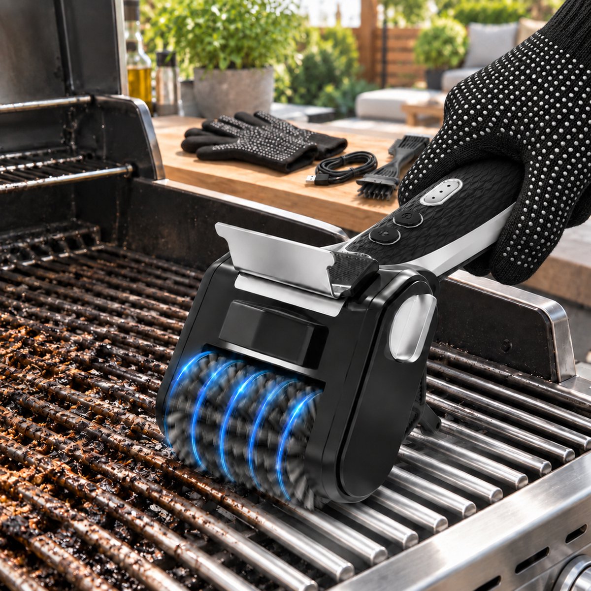 Rosnek Elektrische Barbecueborstel - Draadloze Grillreiniger 450 RPM - 4000 mAh Accu - LED Licht en RVS Schraper - 304 RVS Borstelrol - BBQ Borstel voor Gasbarbecue, Houtskoolgrill en Grillrooster