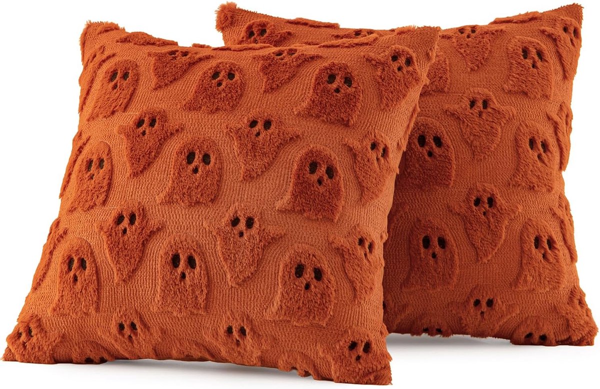 Set of 2 Burnt Orange Halloween Ghost Pillow Covers 18×18 Inch - 3D Embroidered Faux‑Fur Polyester Cushion Cases - Spooky‑Chic Fall Harvest Decor for Sofa Bedroom Farmhouse Home Decor (Inserts Not Included)