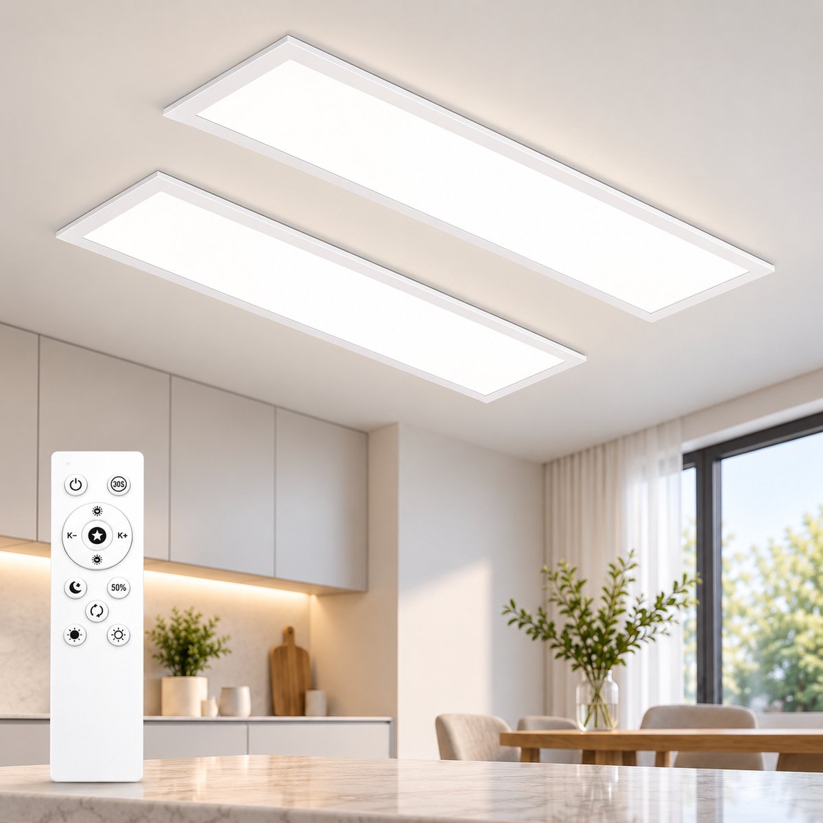 LOVHAUS 2 Stuks LED Plafondpanelen 58x20 cm – 24W 3100 lm – Dimbaar met Afstandsbediening – 3000K-6500K – Wit
