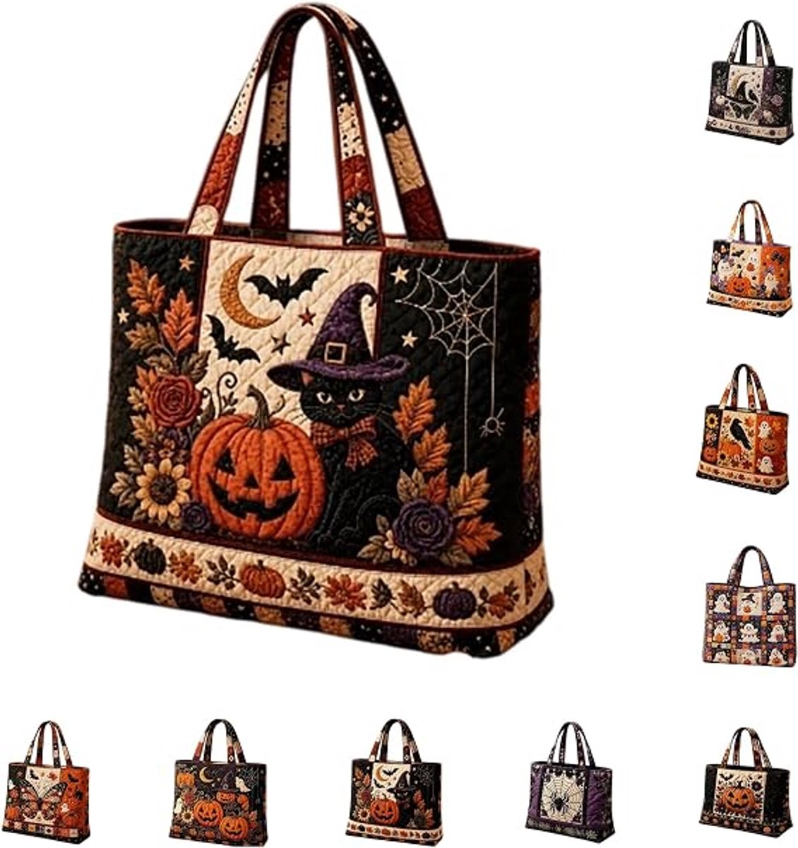 Halloween-tas voor 'trick-or-treat' – Herbruikbare schoudertas met – Stevige stoffen tas met speelse print (pompoen - kat - heks) voor snoep - snacks en feestartikelen – Geschikt voor kinderen en volwassenen
