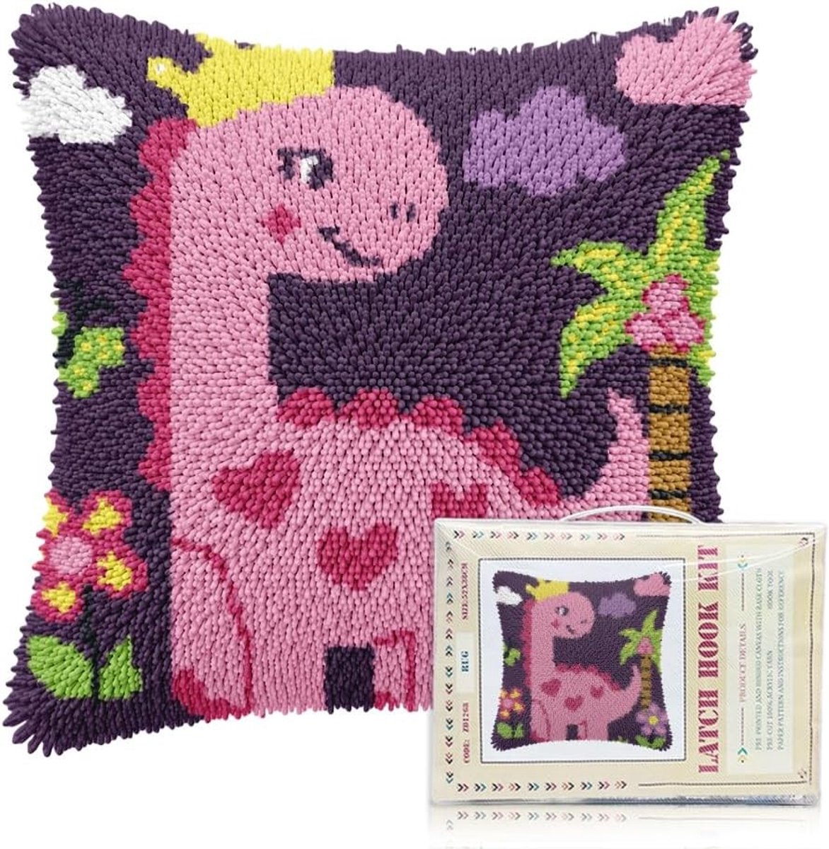 Kerst Klink Haak Kussen Kits voor Volwassenen met Cartoon Dinosaurus Patroon - DIY Kussensloop voor Thuis en Sofa 17x17 inch, Handgemaakt en Creatief Project