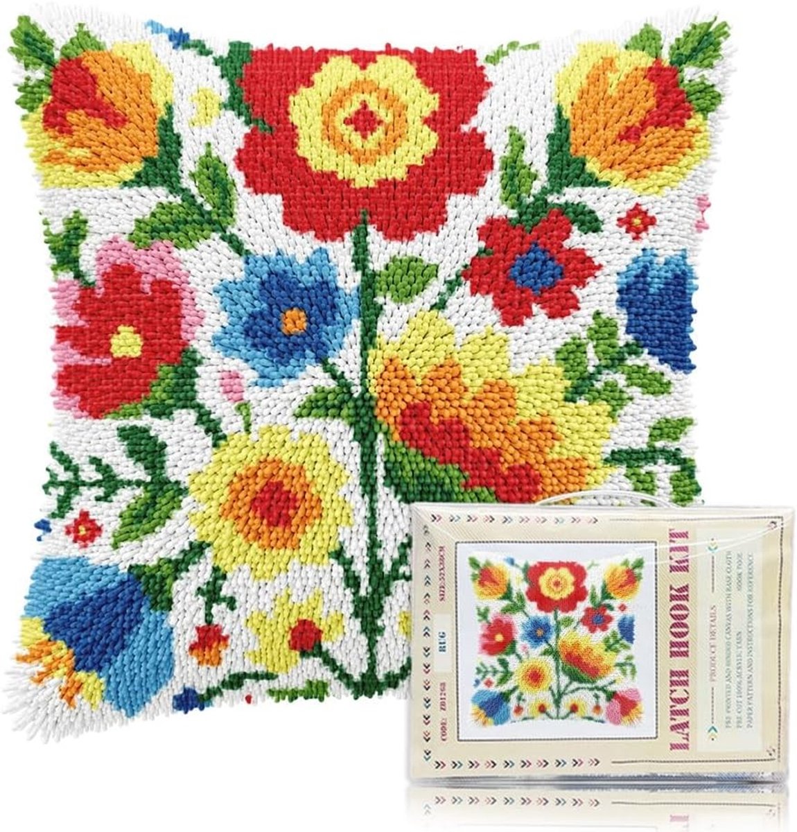 Latch Hook Kits voor Volwassenen en Beginners - Kleurrijke Bloemen DIY Haak- en Latch Kits voor Kussens, Inclusief Instructies, 43 x 43 cm voor Woondecoratie