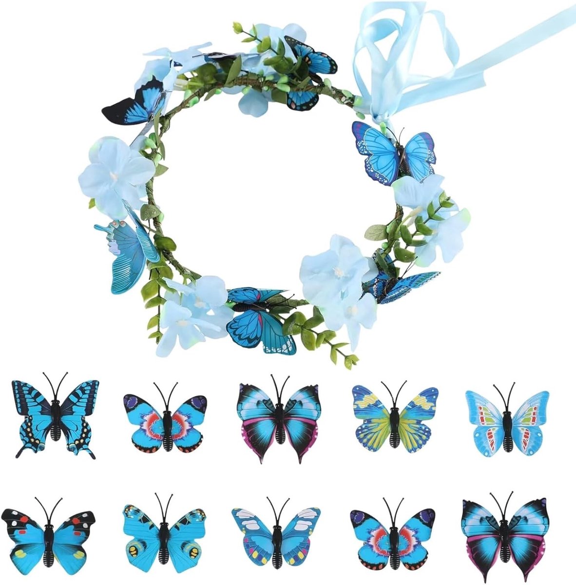 Renaissance Fee Accessoires Set met Bloemen Elfenkroon en 10 Vlinder Haarspelden voor Cosplay en Renfaire Kostuum