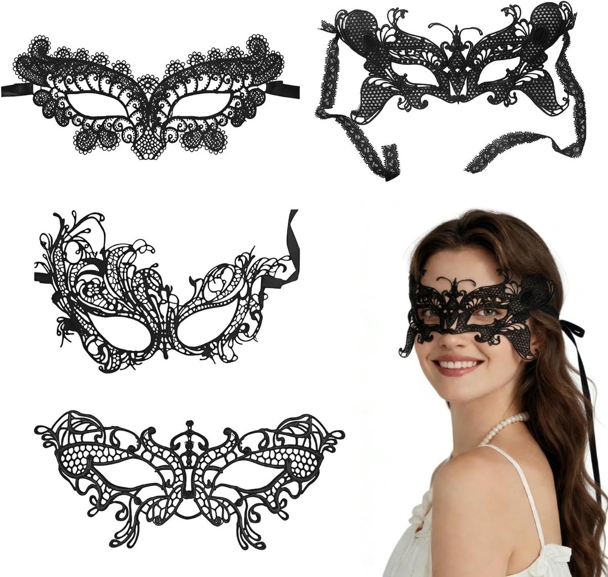 Holle Lace Eye Maskers - 4 Stuks, Ademend en Comfortabel, Perfect voor Feestjes en Vakanties, Unieke Styling Accessoires