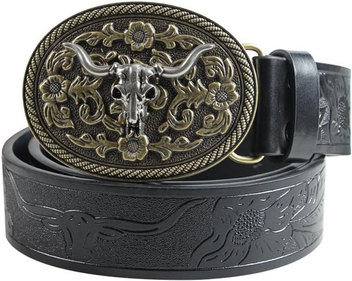 Stijlvolle Cowboyriem voor Mannen en Vrouwen met Gegraveerde Bloemen en Stierkop Gesp, Ideaal voor Western Outfits en Casual Kleding
